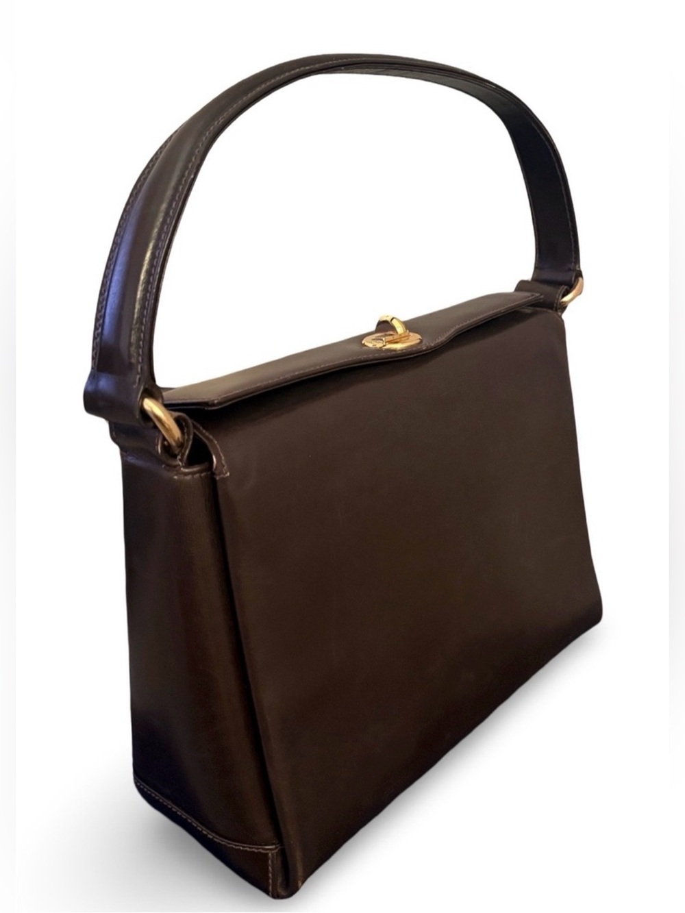 Vintage Gucci Brown Leather Top Handle Shoulder Bag Gold Turn Lock Purse